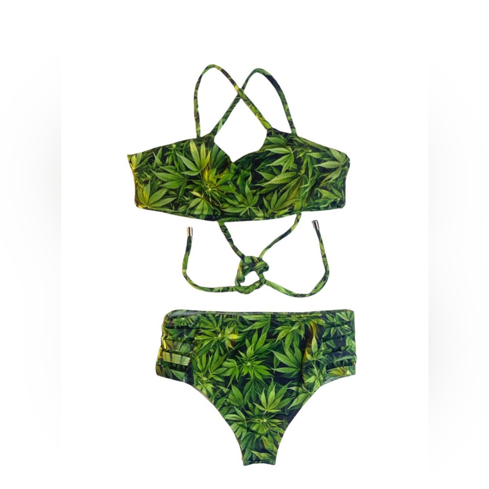 Green Leaf Print Bikini Set